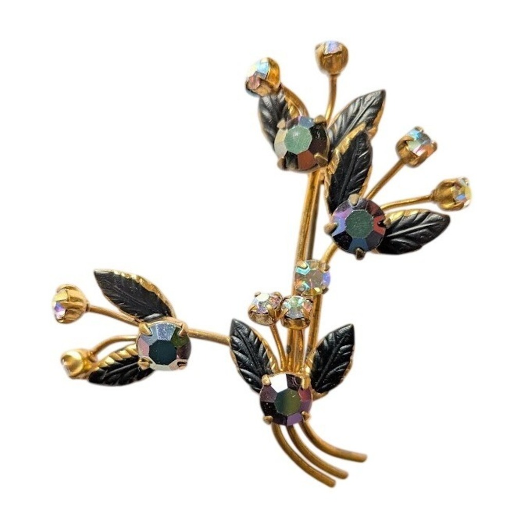 Floral Aurora Borealis Brooch Austria Mid Century Regencycore Dark Romance Pin